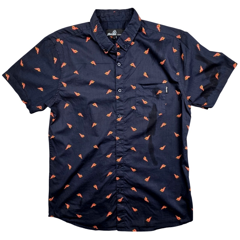 Molokai Surf Co Mens Large Black Pizza Slice Print Short Sleeve Button‎ Down